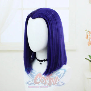 Right angled view of a wig for Raven cosplay costume from Teen Titans with smooth blue purple side panels