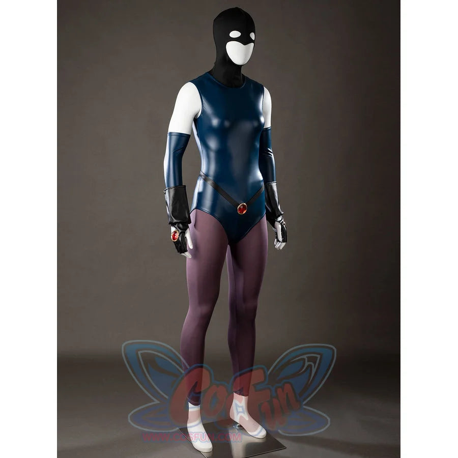Raven Rachel Roth cosplay bodysuit angled view pairs glossy blue panels with purple tights under sleeve covers.