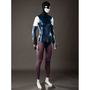 Raven Rachel Roth cosplay bodysuit angled view pairs glossy blue panels with purple tights under sleeve covers.