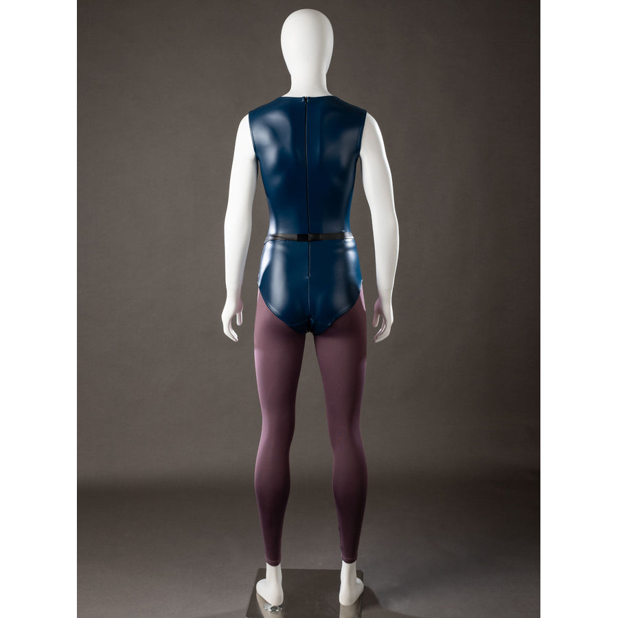 Raven Rachel Roth cosplay bodysuit back view traces deep blue panels above purple tights.