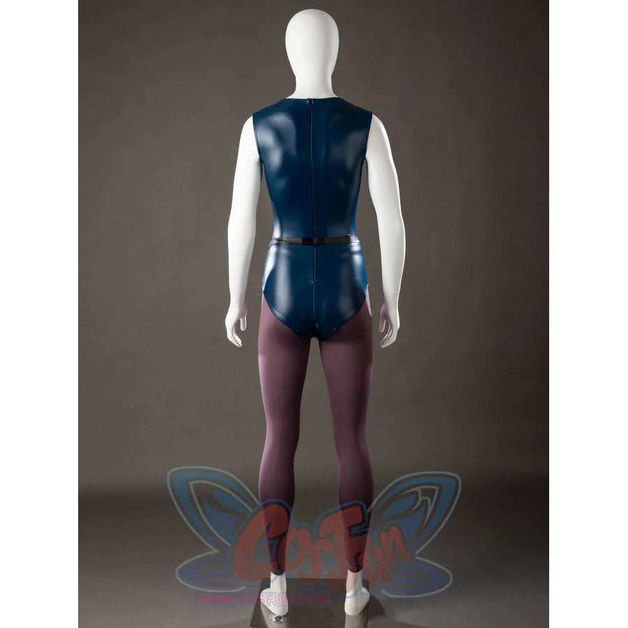 Raven Rachel Roth cosplay bodysuit back view traces deep blue panels above purple tights.