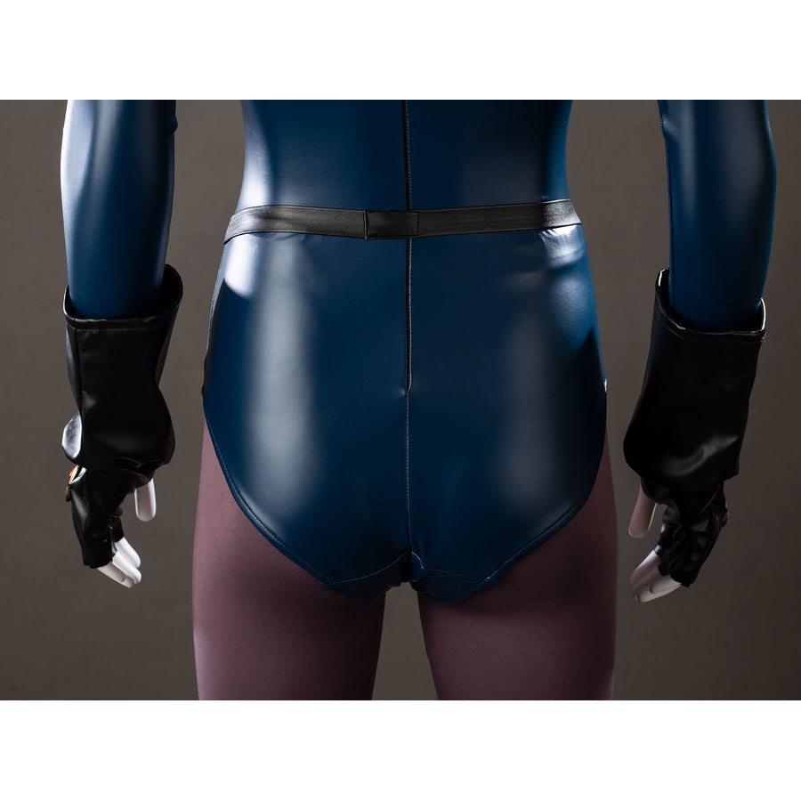 Raven Rachel Roth cosplay bodysuit back waist detail sets black strap lines over deep blue panels.
