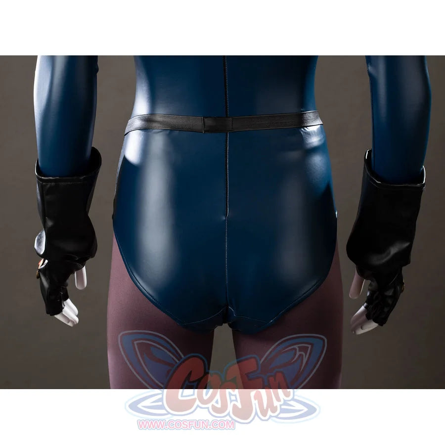 Raven Rachel Roth cosplay bodysuit back waist detail sets black strap lines over deep blue panels.