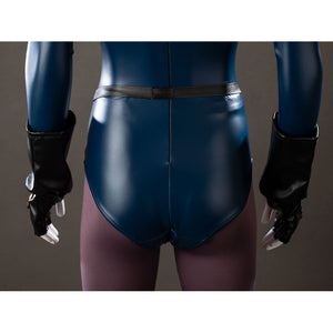 Raven Rachel Roth cosplay bodysuit back waist detail sets black strap lines over deep blue panels.