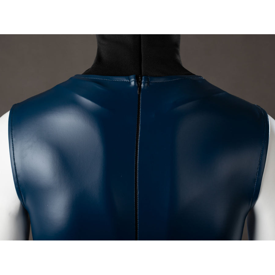 Raven Rachel Roth cosplay bodysuit back detail traces a center zipper down the glossy blue upper panel.
