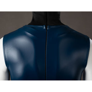 Raven Rachel Roth cosplay bodysuit back detail traces a center zipper down the glossy blue upper panel.