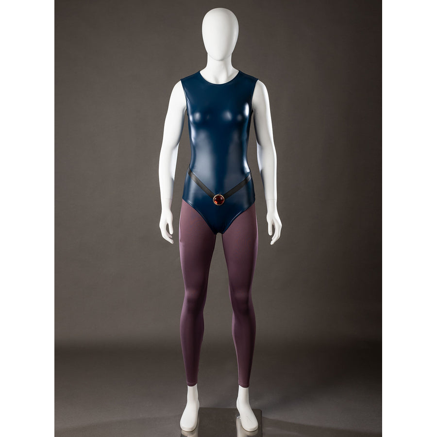 Raven Rachel Roth cosplay bodysuit front view sets a red waist accent over the deep blue torso panel.