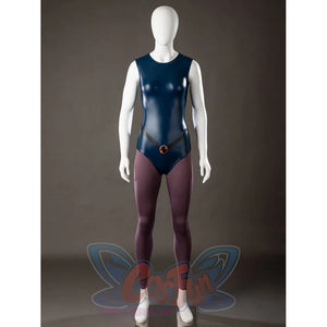 Raven Rachel Roth cosplay bodysuit front view sets a red waist accent over the deep blue torso panel.