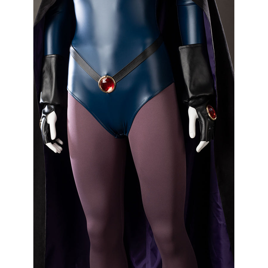 Raven Rachel Roth cosplay bodysuit waist detail connects black strap lines around the red center accent.