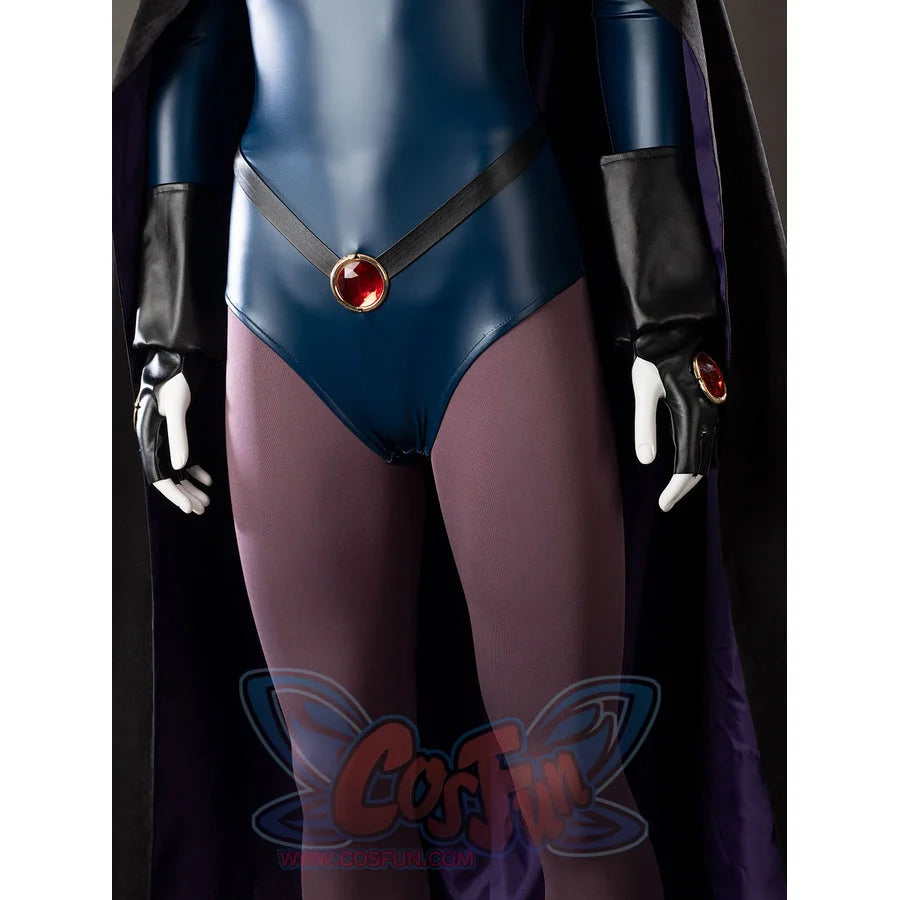 Raven Rachel Roth cosplay bodysuit waist detail connects black strap lines around the red center accent.