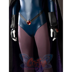 Raven Rachel Roth cosplay bodysuit waist detail connects black strap lines around the red center accent.
