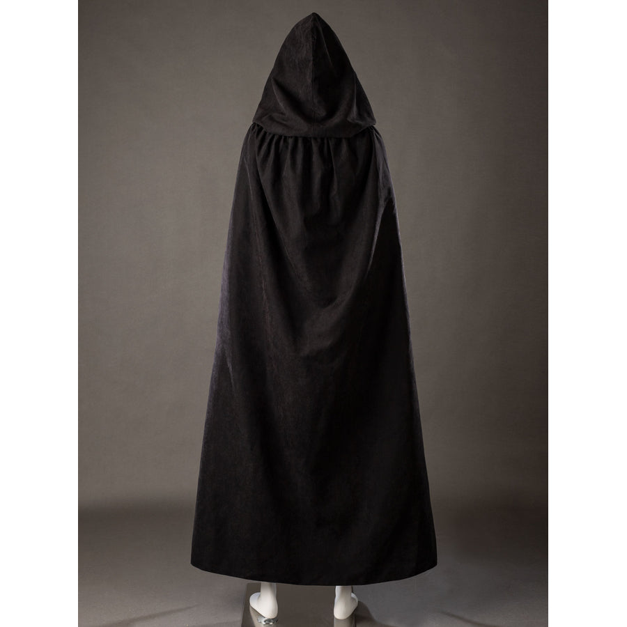 Raven Rachel Roth cosplay cloak back view drops a long black hooded shape over the full costume.