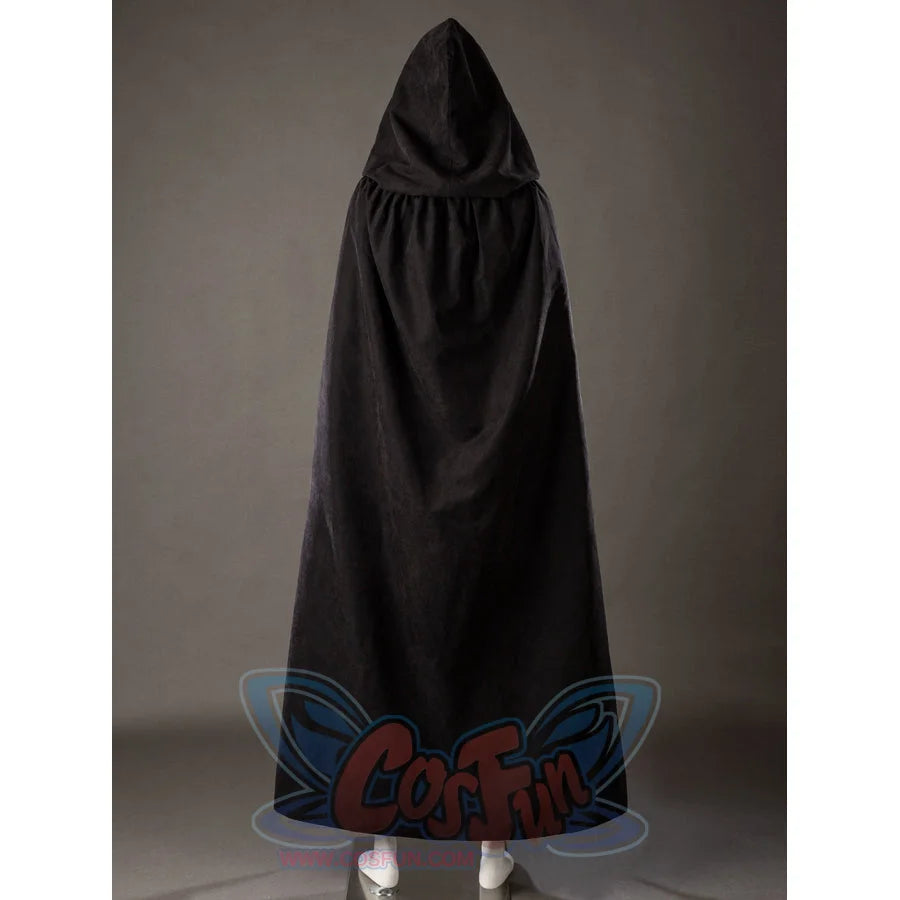 Raven Rachel Roth cosplay cloak back view drops a long black hooded shape over the full costume.