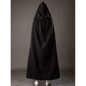 Raven Rachel Roth cosplay cloak back view drops a long black hooded shape over the full costume.