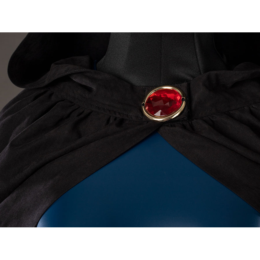 Raven Rachel Roth cosplay cloak clasp detail gathers black velvet folds around the red gem-like centerpiece.