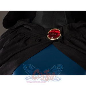 Raven Rachel Roth cosplay cloak clasp detail gathers black velvet folds around the red gem-like centerpiece.