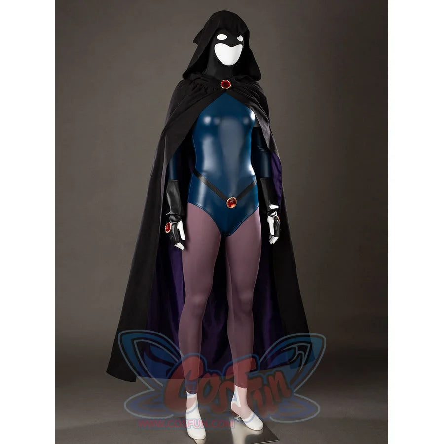 Raven Rachel Roth cosplay costume angled view frames purple cloak lining around the glossy blue bodysuit.
