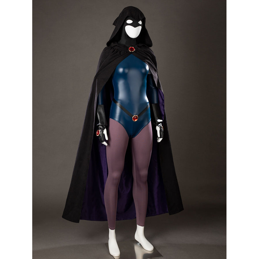 Raven Rachel Roth cosplay costume angled view frames purple cloak lining around the glossy blue bodysuit.