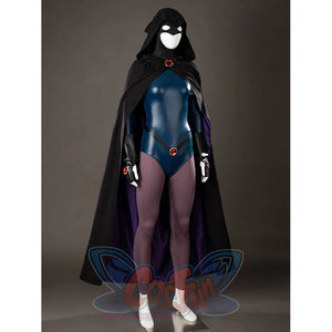 Raven Rachel Roth cosplay costume angled view frames purple cloak lining around the glossy blue bodysuit.