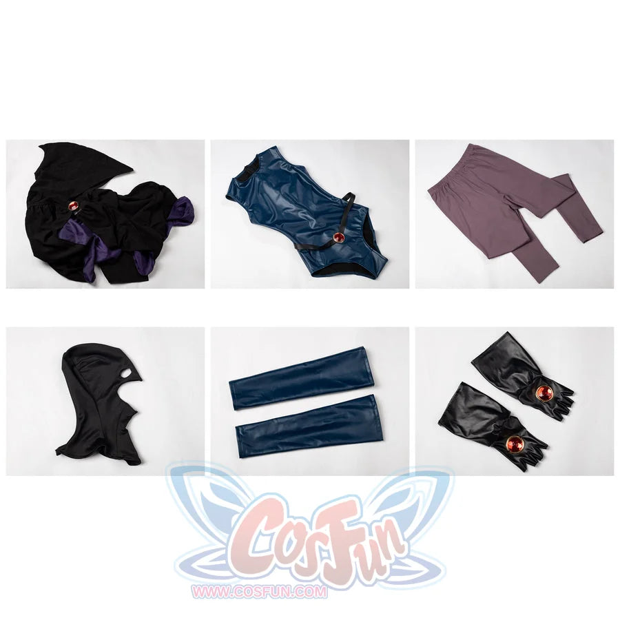 Raven Rachel Roth cosplay costume flat lay groups the dark cloak over bodysuit and accessory pieces.