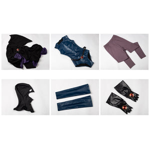 Raven Rachel Roth cosplay costume flat lay groups the dark cloak over bodysuit and accessory pieces.