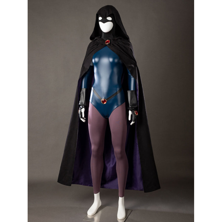 Raven Rachel Roth cosplay costume front view lets the black cloak fall beside purple tights and gloves.