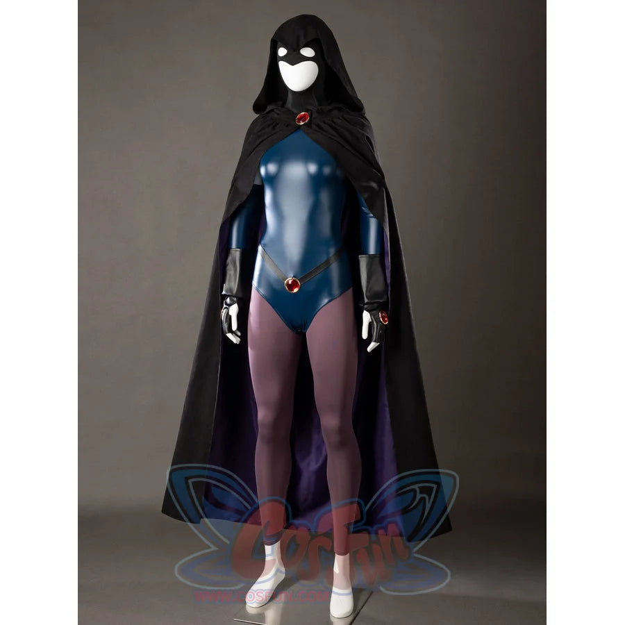 Raven Rachel Roth cosplay costume front view lets the black cloak fall beside purple tights and gloves.