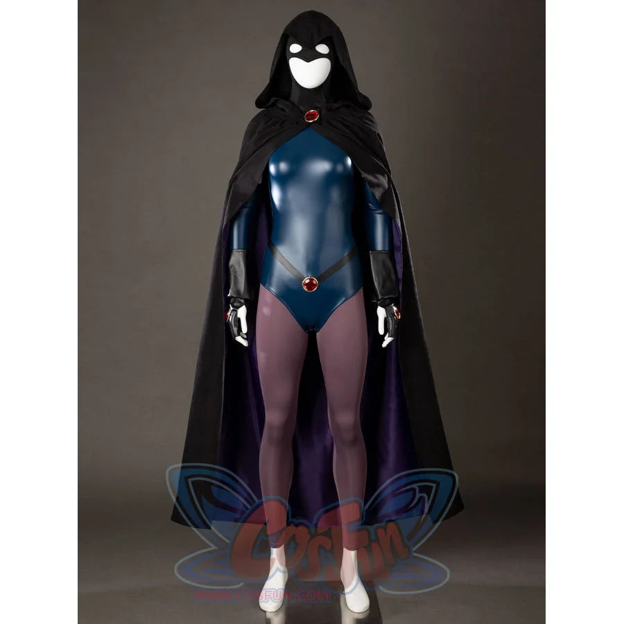 Raven Rachel Roth cosplay costume front view anchors the black cloak around a deep blue bodysuit.