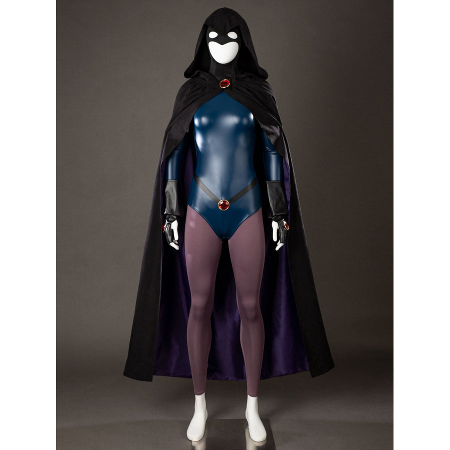 COSFUN Raven Rachel Roth cosplay costume layers a black cloak over a glossy blue bodysuit and purple tights.