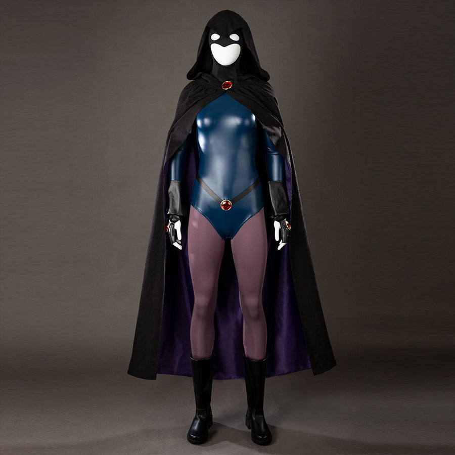 COSFUN Raven Rachel Roth cosplay costume layers a black cloak over a glossy blue bodysuit and purple tights.