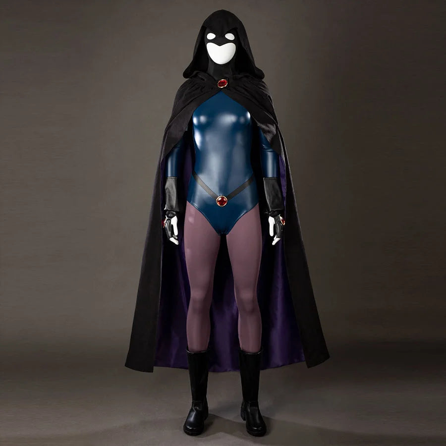COSFUN Raven Rachel Roth cosplay costume layers a black cloak over a glossy blue bodysuit and purple tights.