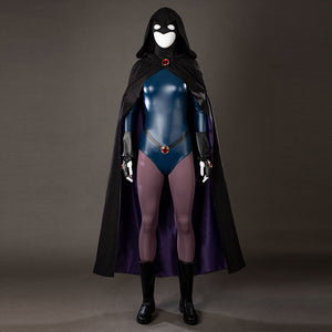COSFUN Raven Rachel Roth cosplay costume layers a black cloak over a glossy blue bodysuit and purple tights.