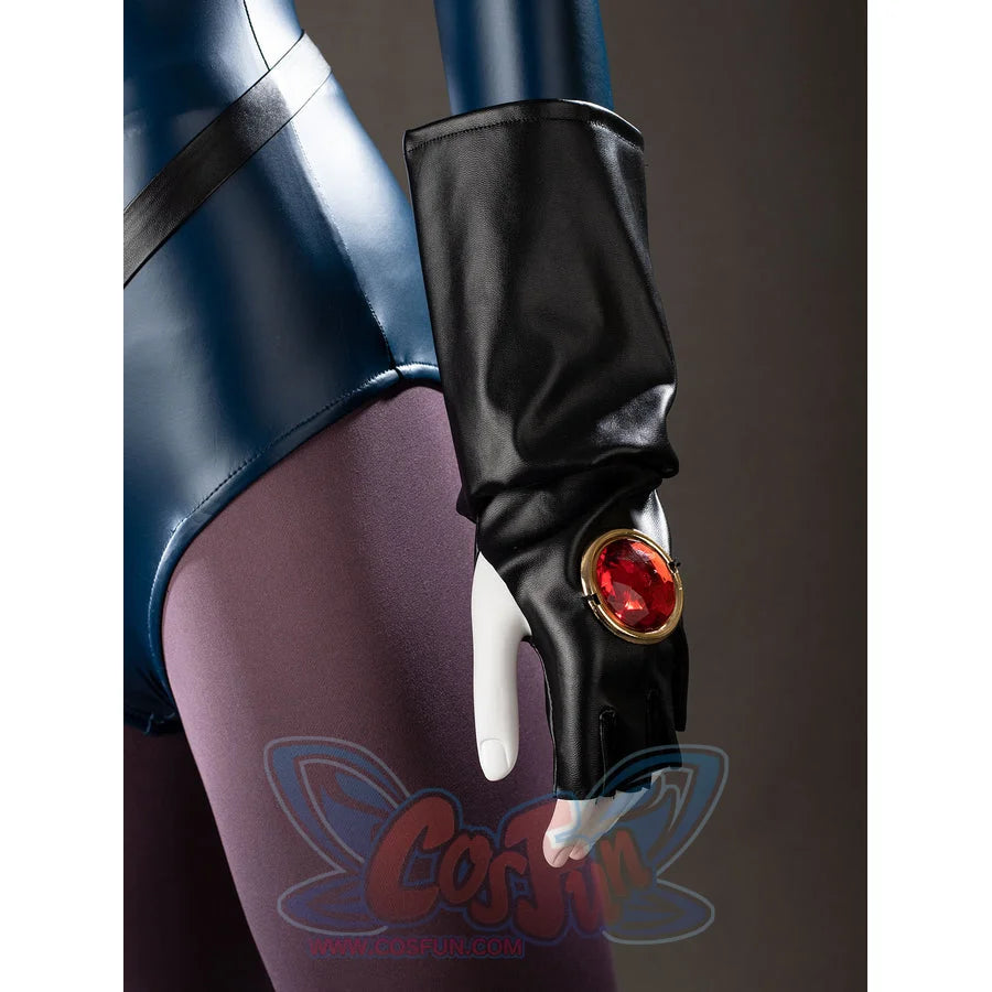Raven Rachel Roth cosplay glove clasp detail layers black faux leather around a red gem-like wrist accent.
