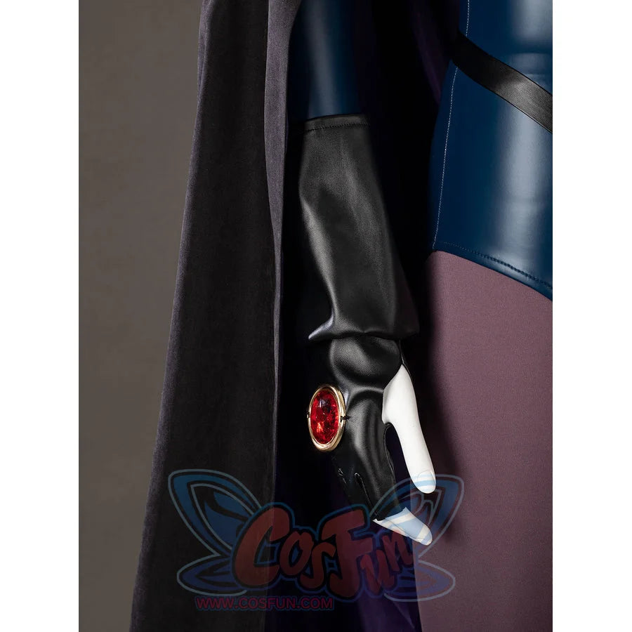 Raven Rachel Roth cosplay glove detail frames a red gem-like wrist accent against black faux leather.