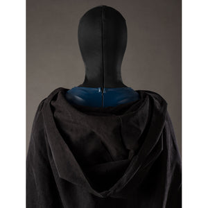 Raven Rachel Roth cosplay hood back detail folds the black cloak beneath the zipped head covering.