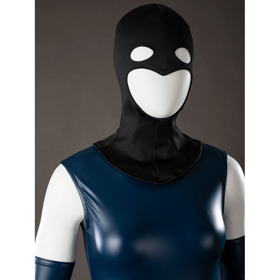 Raven Rachel Roth cosplay hood and bodysuit front detail sets the black head covering above a glossy blue torso.