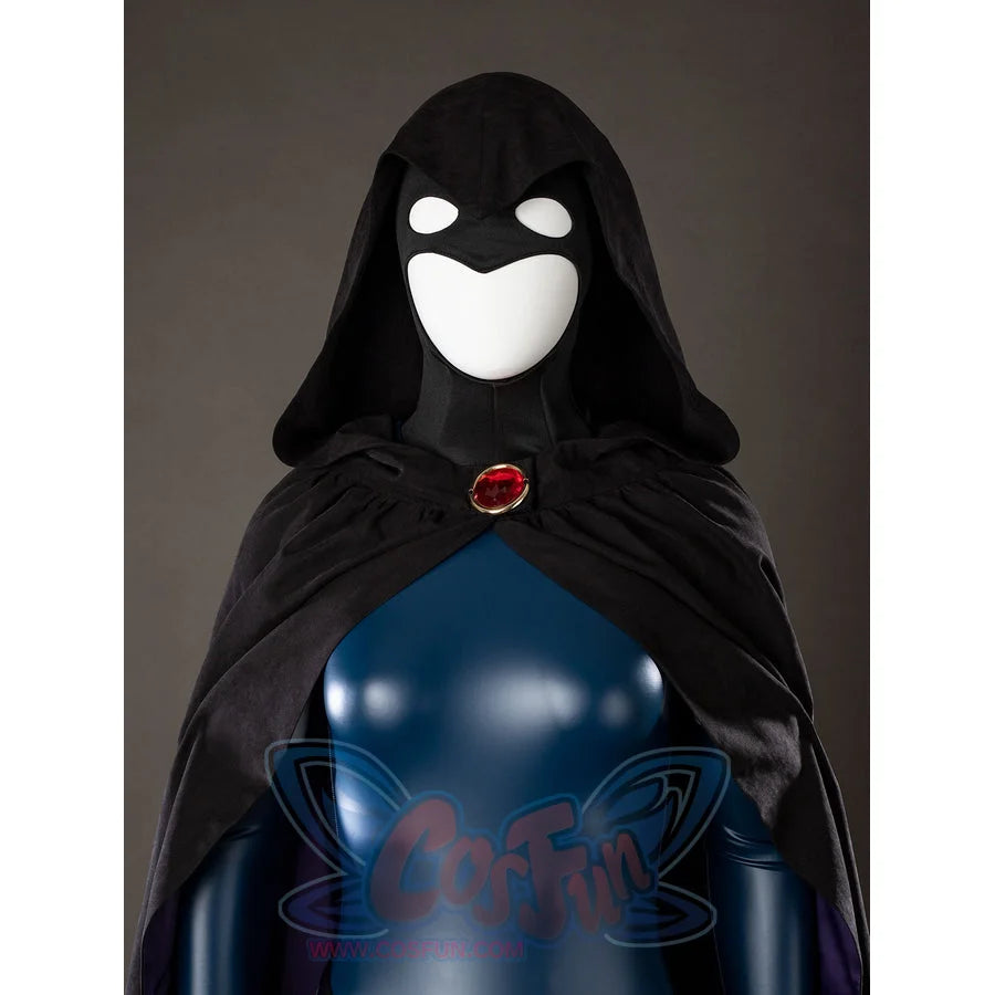 Raven Rachel Roth cosplay hood close-up frames a black face opening under gathered cloak fabric.