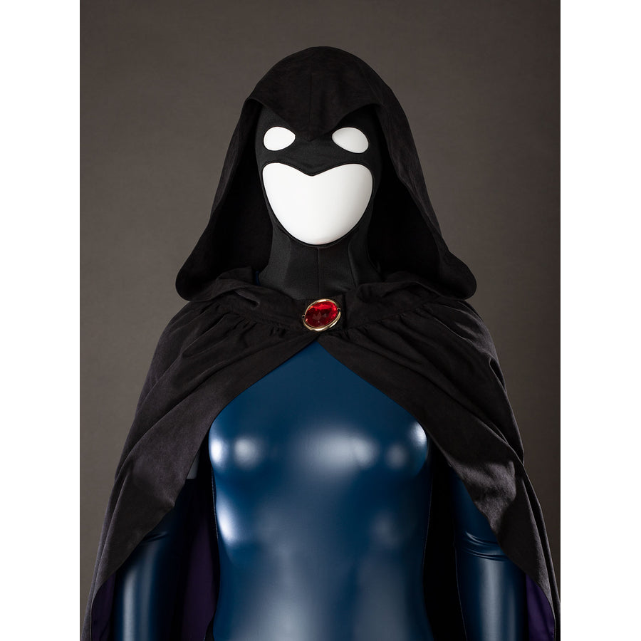 Raven Rachel Roth cosplay hood close-up frames a black face opening under gathered cloak fabric.