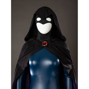 Raven Rachel Roth cosplay hood close-up frames a black face opening under gathered cloak fabric.