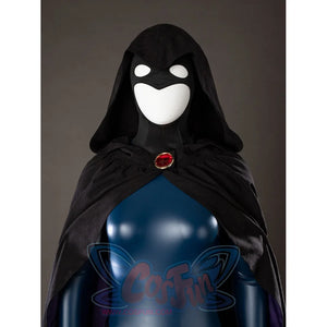 Raven Rachel Roth cosplay hood close-up frames a black face opening under gathered cloak fabric.