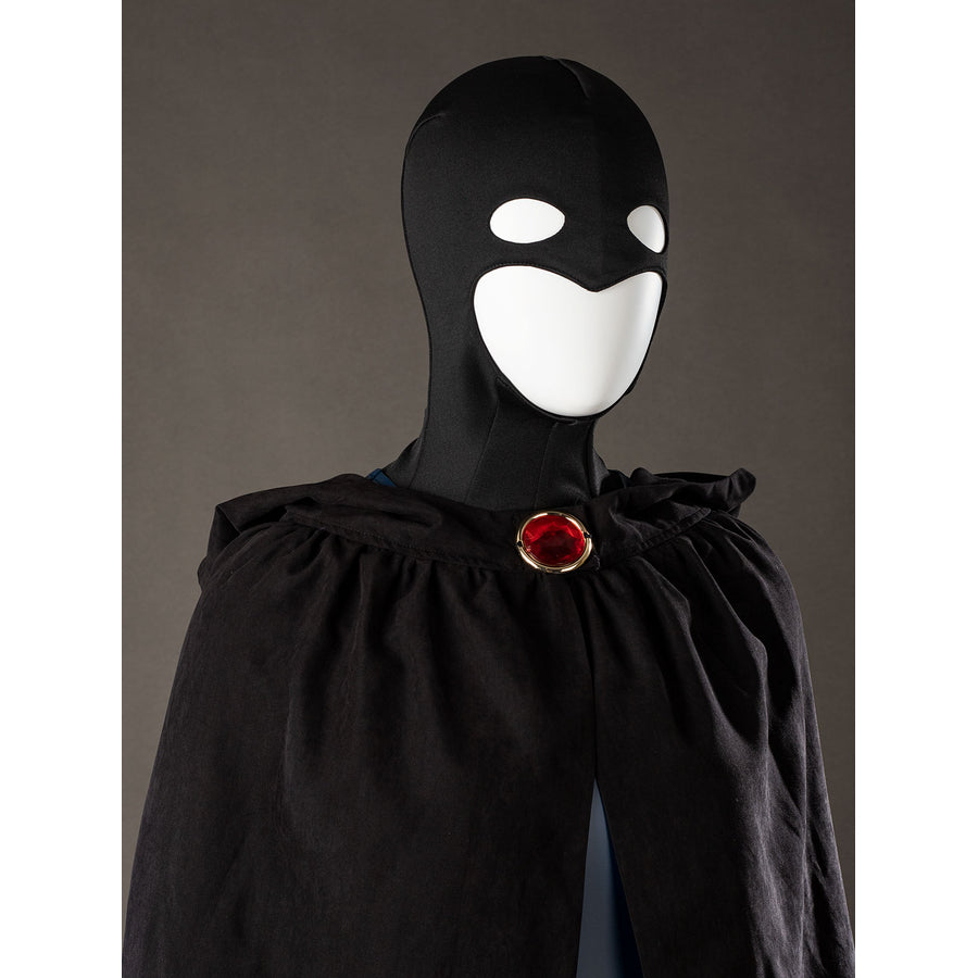 Raven Rachel Roth cosplay hooded cloak bust view gathers black folds above the glossy blue bodysuit.
