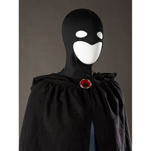 Raven Rachel Roth cosplay hooded cloak bust view gathers black folds above the glossy blue bodysuit.