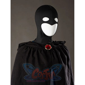 Raven Rachel Roth cosplay hooded cloak bust view gathers black folds above the glossy blue bodysuit.
