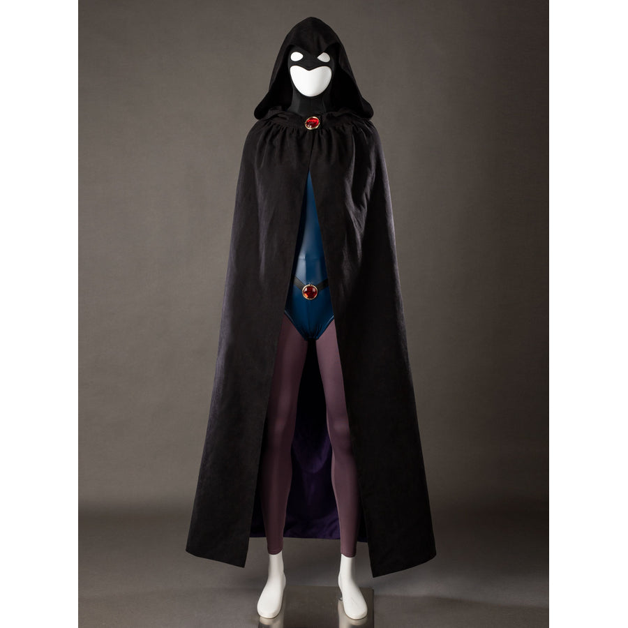 Raven Rachel Roth cosplay hooded cloak front view narrows around the red collar clasp over blue bodysuit.