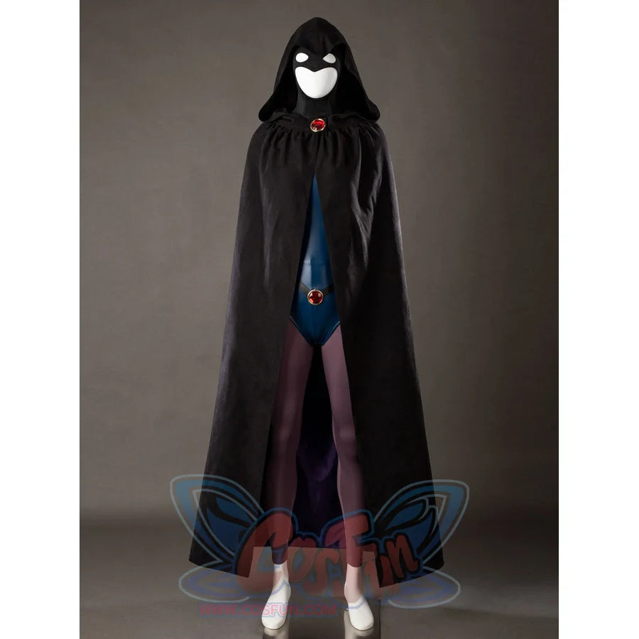 Raven Rachel Roth cosplay hooded cloak front view narrows around the red collar clasp over blue bodysuit.