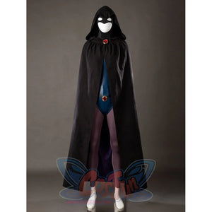 Raven Rachel Roth cosplay hooded cloak front view narrows around the red collar clasp over blue bodysuit.