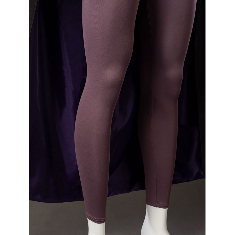 Raven Rachel Roth cosplay purple tights detail extends smooth mauve fabric below the cloak edge.