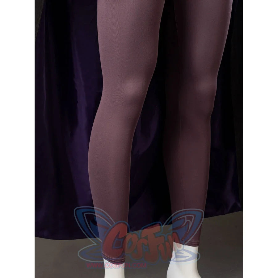 Raven Rachel Roth cosplay purple tights detail extends smooth mauve fabric below the cloak edge.