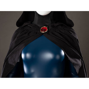 Raven Rachel Roth cosplay cloak clasp close-up anchors a red gem-like centerpiece at the collar.
