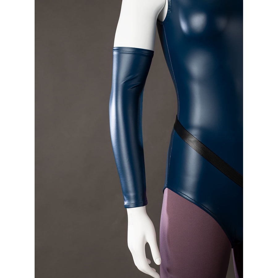 Raven Rachel Roth cosplay sleeve cover detail extends glossy blue fabric beneath a black diagonal strap.